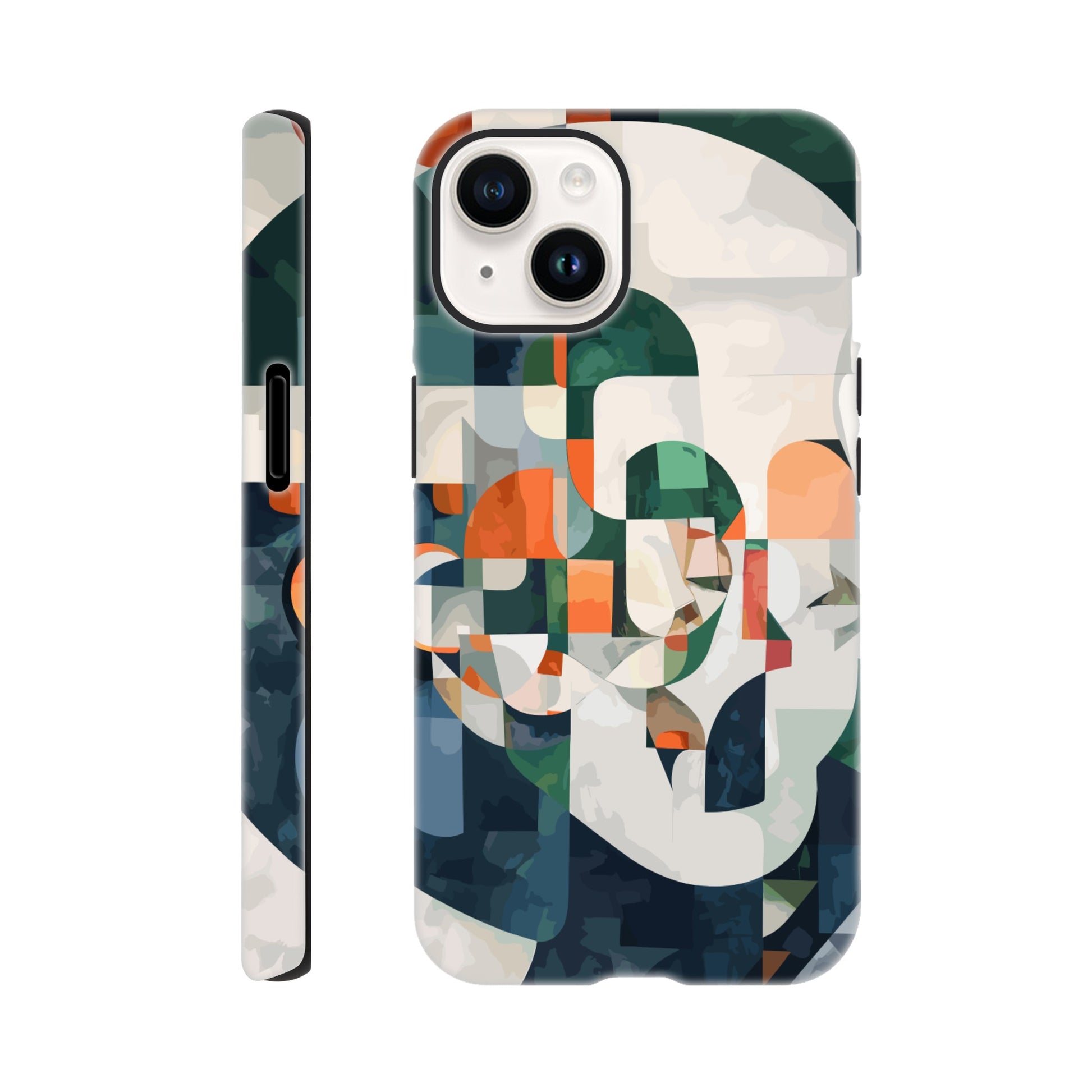 An iPhone 14 Phone Case with the following design on it -A cubist-inspired portrait. The face is composed of geometric shapes and forms, with an abstract background that features soft gradients in shades of green, orange, blue, white, and grey. Abstract patterns surround the figure to create depth and movement against an emerald color palette.