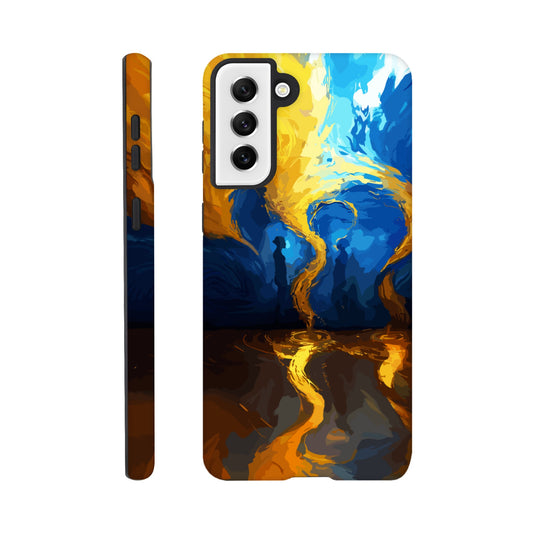 A Samsung Galaxy S21 Plus Phone Case with the following design on it -An abstract image of flowing thunder/lightning and waves. The colors of blue, orange, and yellow. There are two human forms facing each other in the middle of the image.