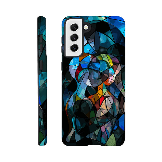 A Samsung Galaxy S21 Plus Phone Case with the following design: stained glass window of two people hugging, in the style of cubism, abstract shapes and lines, vibrant colors, dark background, hyper realistic 