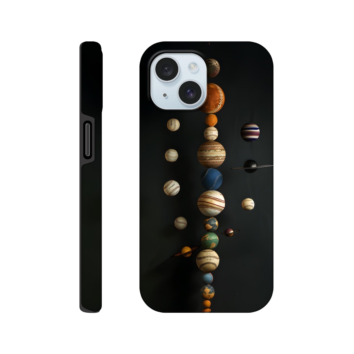 An Apple iPhone 15 phone case with a design depicting our solar system with baseballs in place of planets