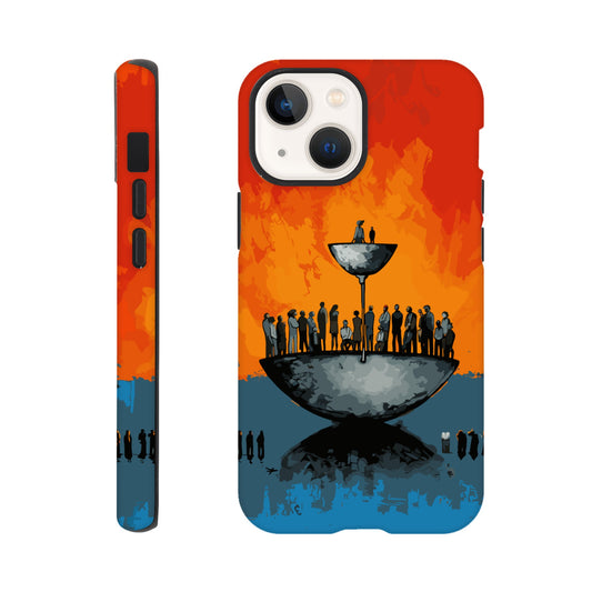 An Apple iPhone 13 Mini Phone Case with the following design on it - A large person is sitting in a bowl of a weighing scale. There is a larger bowl beneath this with lots of people in it. Income Inequality is theme, pop art, blue, orange, black, and red