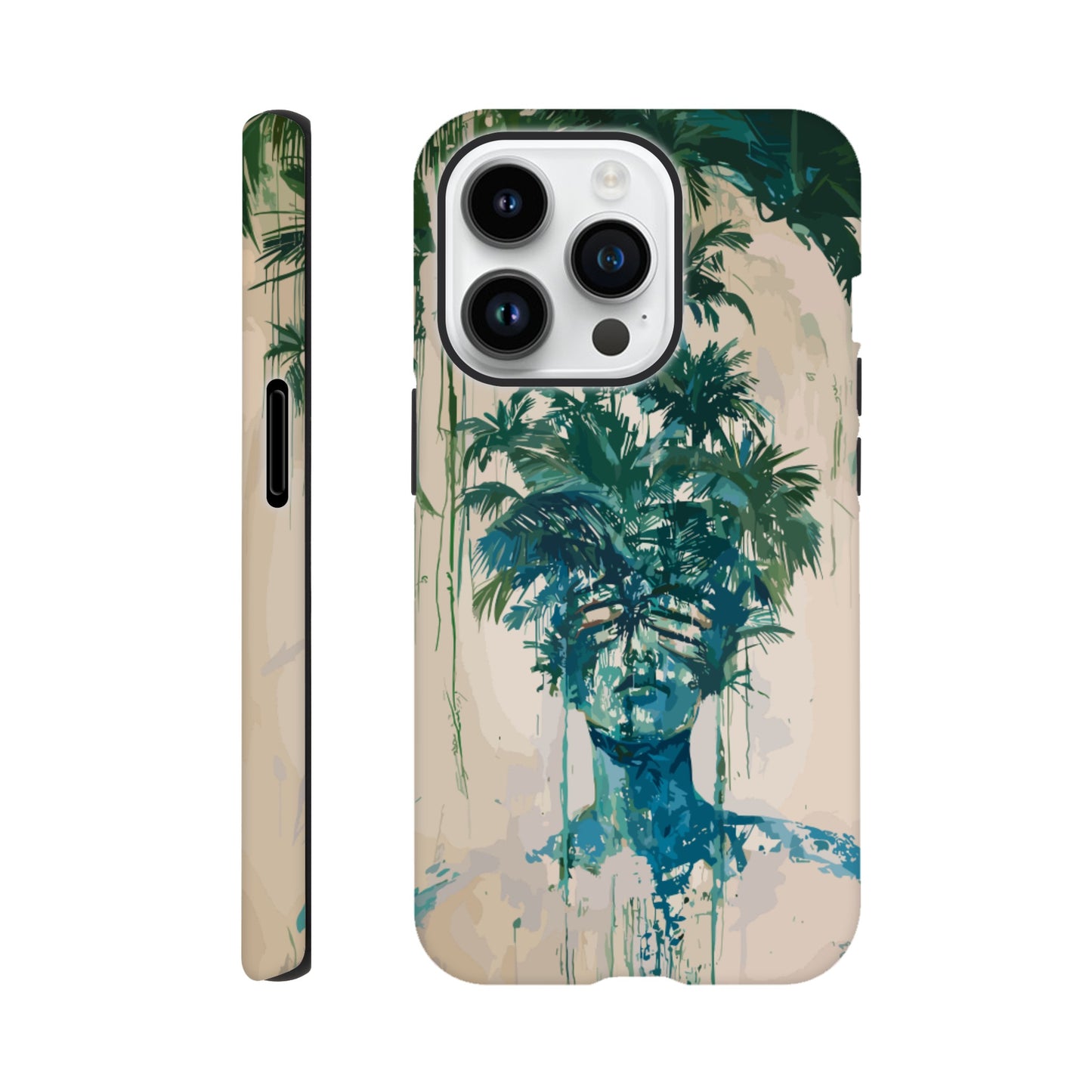 An Apple iPhone 14 Pro phone case with the following design on it -the soulless look on the face of either a female or male human form that is self possessed and obscured by a dozen palm trees, green, blue, white, surrealism meets fauvism