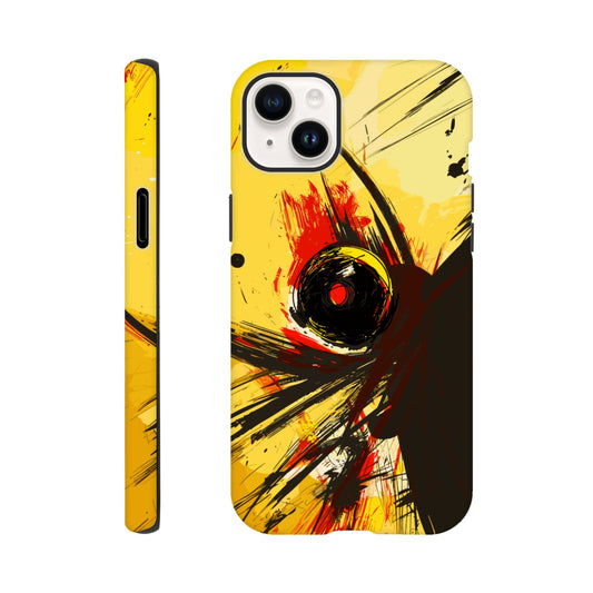 An Apple iPhone 14 Plus Phone Case with the following design on it : Abstract drawing of a humanoid insect hybrid figure,  red and black colors. In the style of comic brush strokes that creates a kind of frenetic energy with a light yellow background.