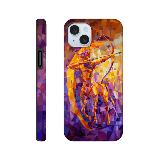 An Apple iPhone 15 Plus Phone Case with the following design on it: A centaur- the half man half horse archer and symbol of the astrological sign Sagittarius, the character is imagined through an artist who is adept at the artistic style of cubism, orange, purple, yellow