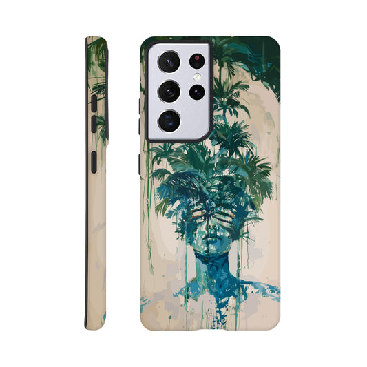 A Samsung Galaxy S21 Ultra phone case with the following design -the soulless look on the face of either a female or male human form that is self possessed and obscured by a dozen palm trees, green, blue, white, surrealism meets fauvism