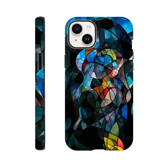 An Apple iPhone 14 Plus Phone Case with the following design: stained glass window of two people hugging, in the style of cubism, abstract shapes and lines, vibrant colors, dark background, hyper realistic 