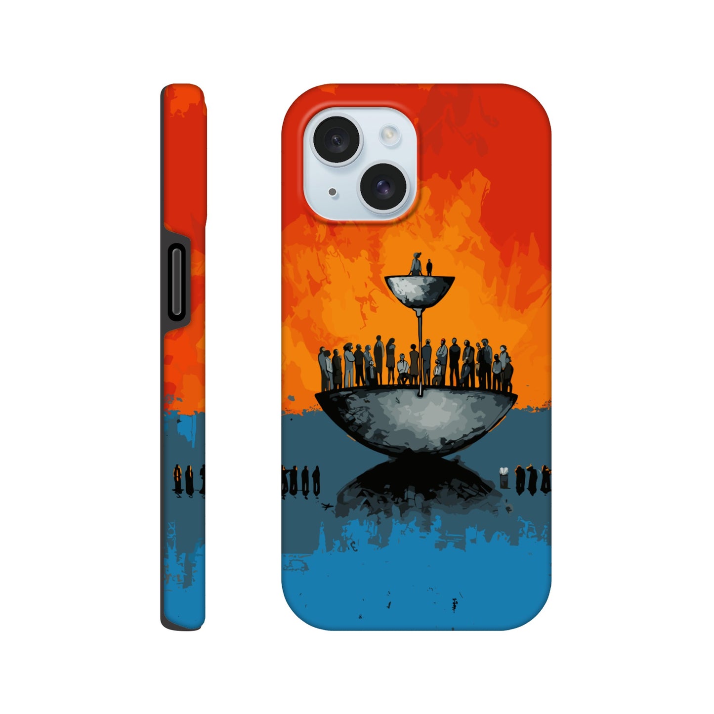 An Apple iPhone 15 Phone Case with the following design on it - A large person is sitting in a bowl of a weighing scale. There is a larger bowl beneath this with lots of people in it. Income Inequality is theme, pop art, blue, orange, black, and red