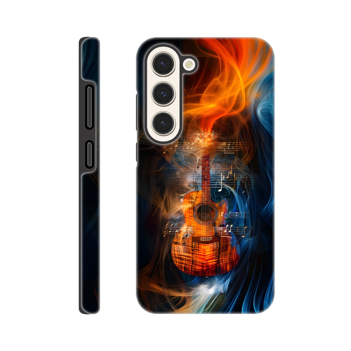 A Samsung Galaxy S23 Phone Case with the following design on it: A Koa Guitar with musical notes swirling around it, blue and red smoke swirling around both the Guitar and notes, in the style of a digital art, dark blue background, orange glow on guitar, symmetrical composition, high resolution, hyper realistic, high contrast, vibrant colors, detailed textures of wood and strings