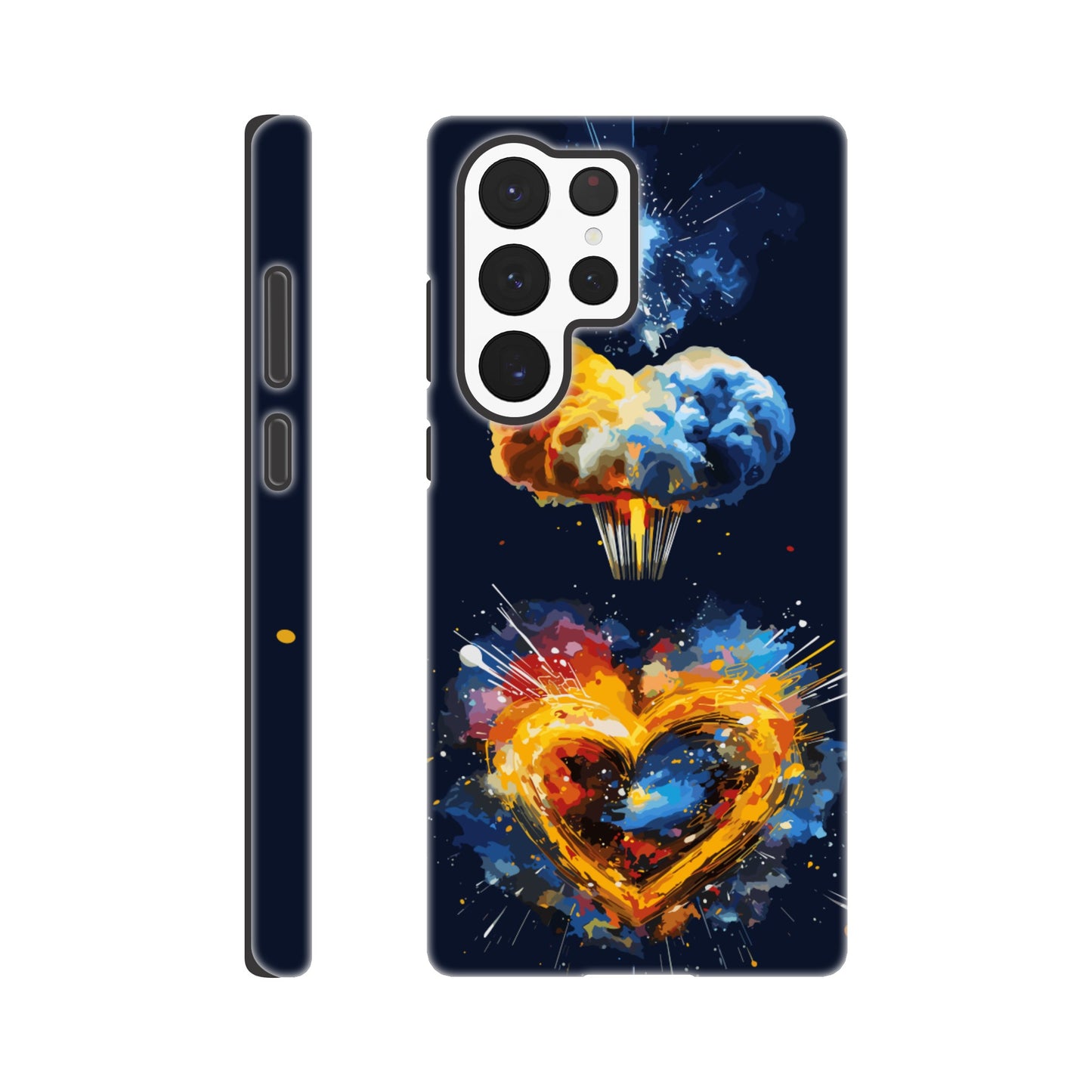 A Samsung Galaxy S22 Ultra Phone Case with the following design on it - heart shaped milky way galaxy with a nuclear mushroom cloud emanating from the heart, pop art, royal blue, yellow, white, silver, black, orange