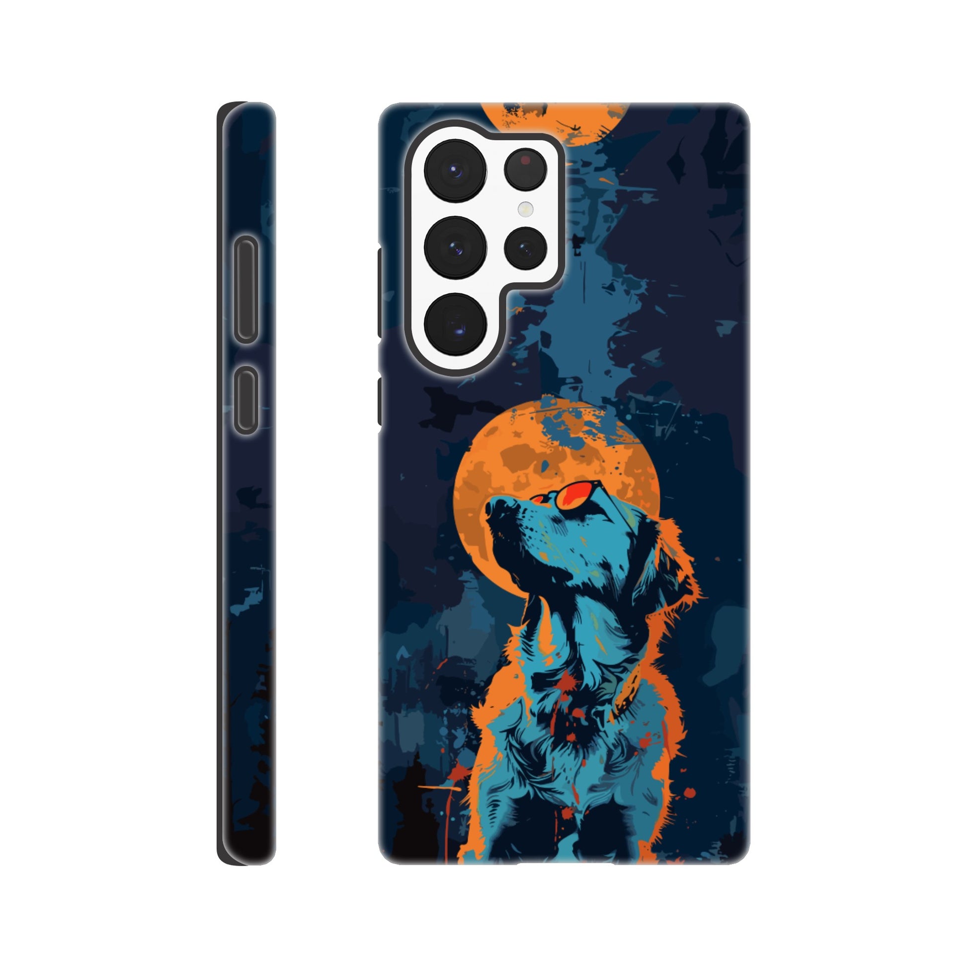 A Samsung Galaxy S22 Ultra Phone Case with the following design on it - A golden retriever dog with the moon behind it in a blue and orange color scheme, a night forest background, flat vector art with dark blue and light amber colors, a cyberpunk aesthetic