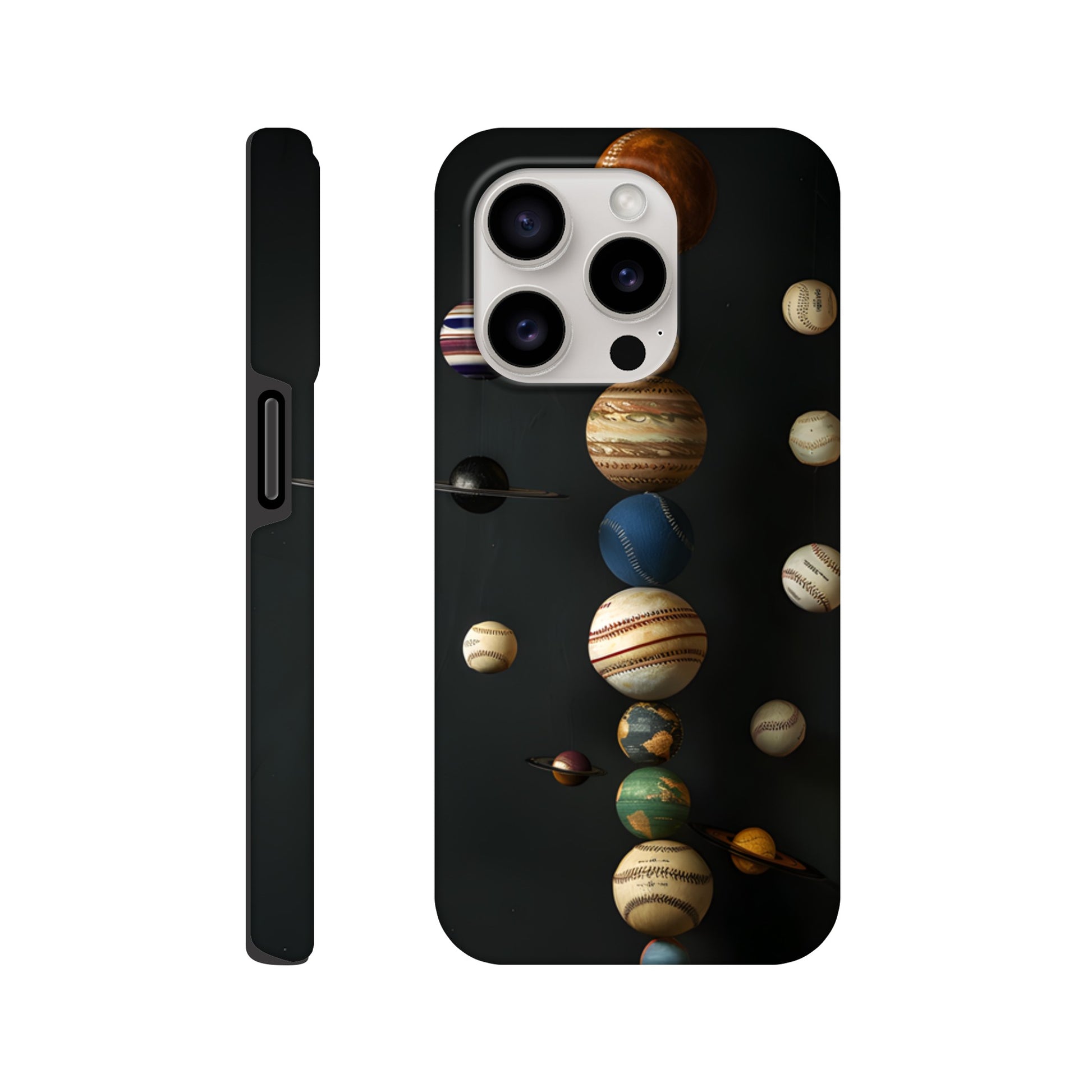 An Apple iPhone 15 Pro phone case with a design depicting our solar system with baseballs in place of planets