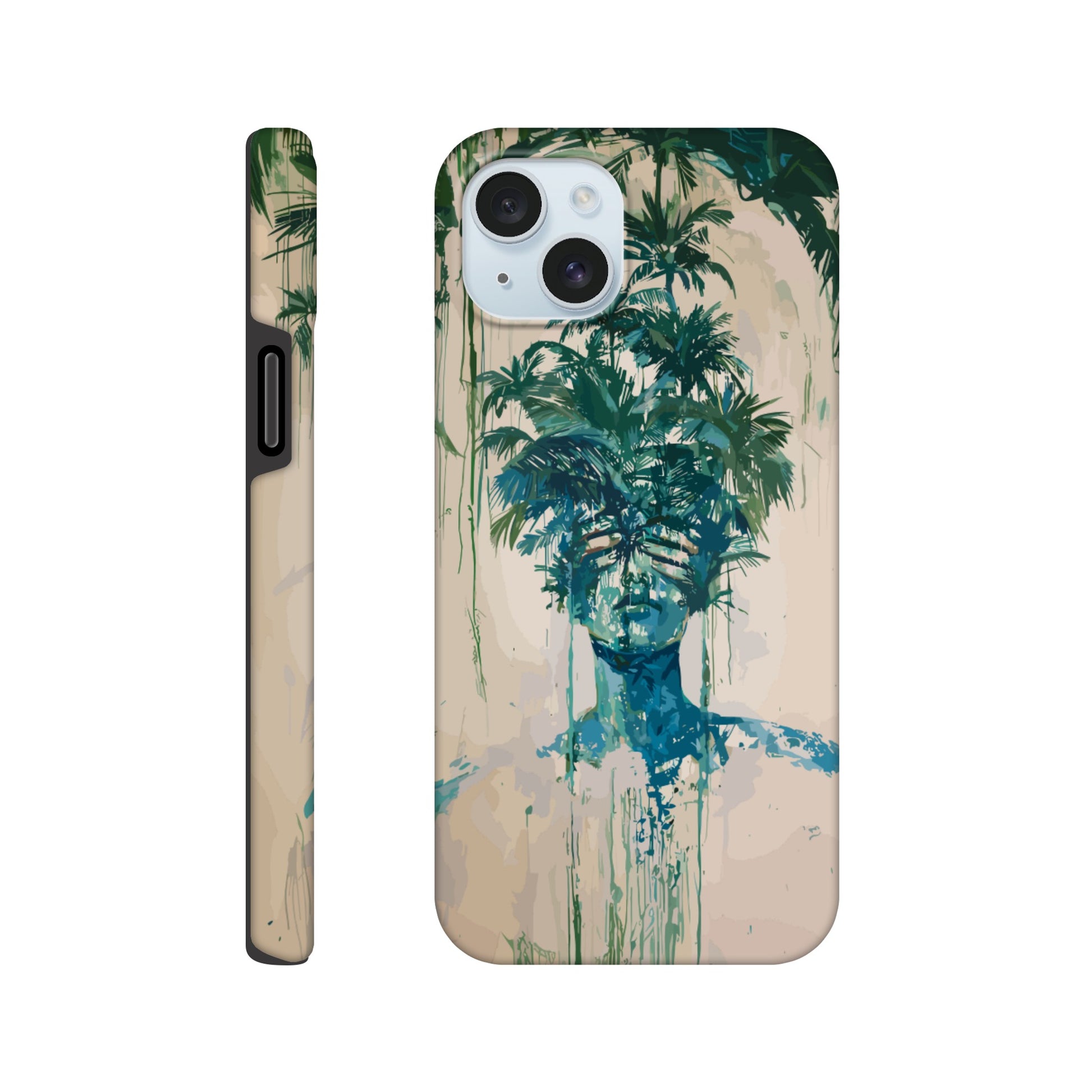 An Apple iPhone 15 Plus phone case with the following design on it -the soulless look on the face of either a female or male human form that is self possessed and obscured by a dozen palm trees, green, blue, white, surrealism meets fauvism