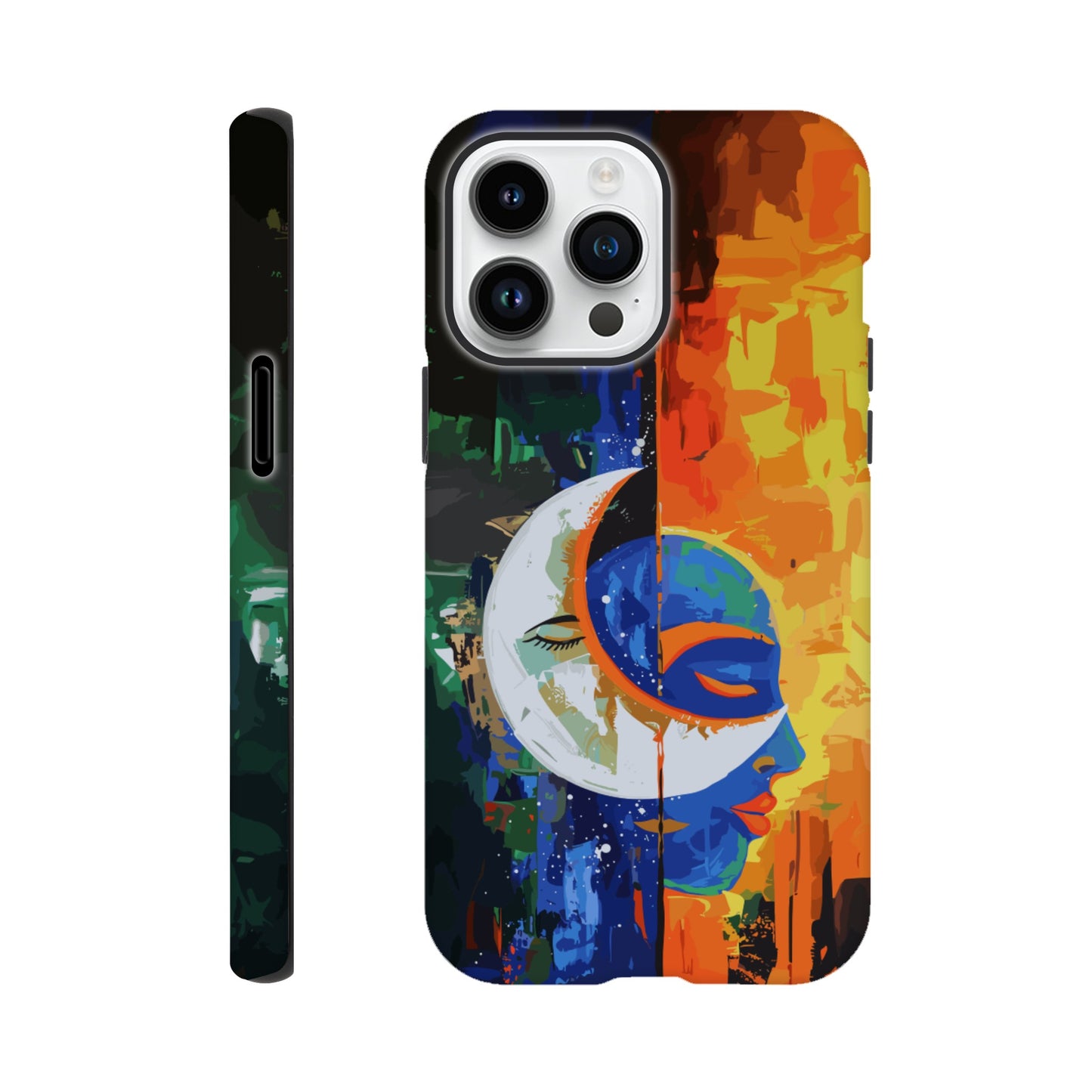 An Apple iPhone 14 Pro Max Phone Case with the following design on it - Abstract painting of a crescent moon and sun in the sky, half is orange blue green color with black silhouette of either a female or male face, other side has bright vibrant colors, abstract, modern art style