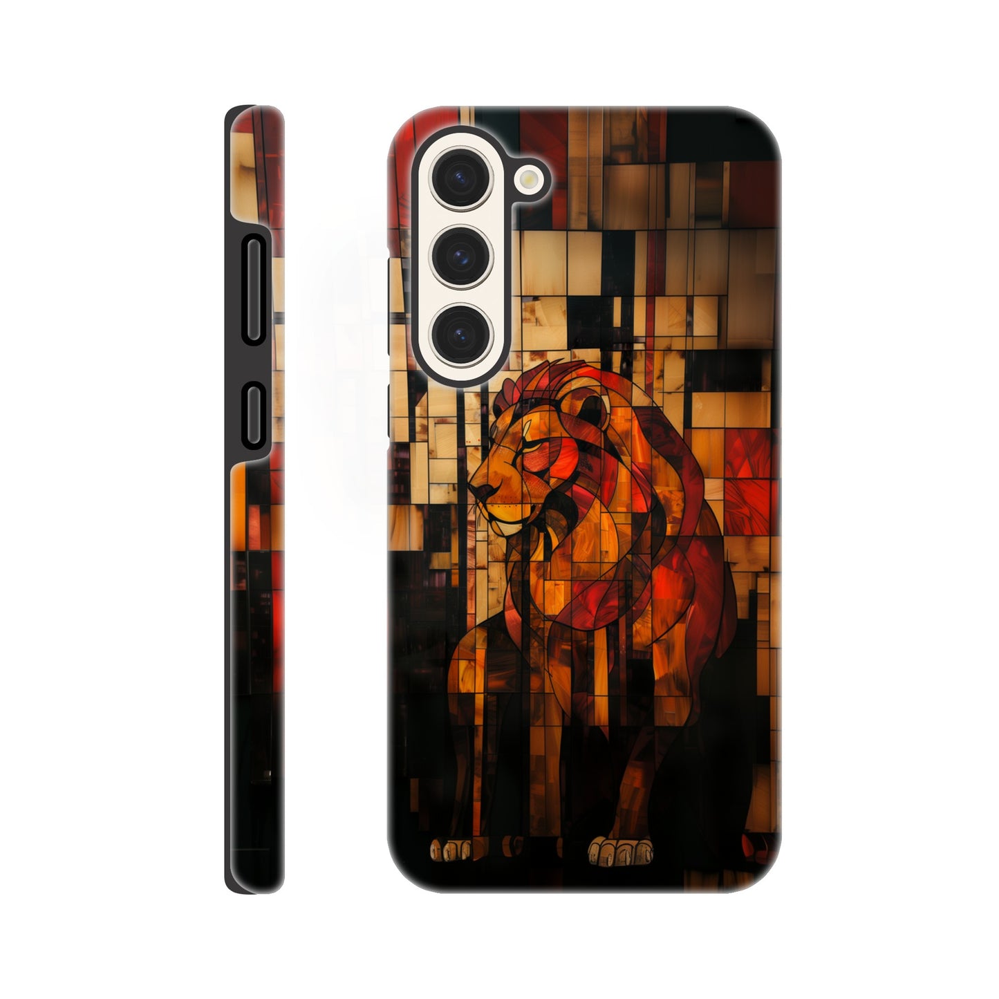 A Samsung Galaxy S23 Plus Phone Case with the following design on it - The Zodiac symbol for Leo - a Lion made of geometric shapes, composed of red and brown blocks. The background is dark with a blurred effect. In the style of stained glass