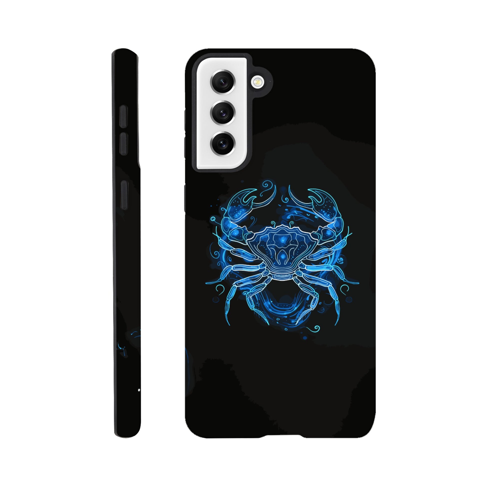 A Samsung Galaxy S21 Plus Phone Case with the following design - A simple white line drawing of the symbol for Cancer-a Crab, with blue outlines on black background. The design is minimalistic and elegant, focusing only on basic shapes to represent the zodiac sign's symbolism in astrology. It has an art deco style that highlights its curves and swirls, creating a sense of motion or energy within each curve.