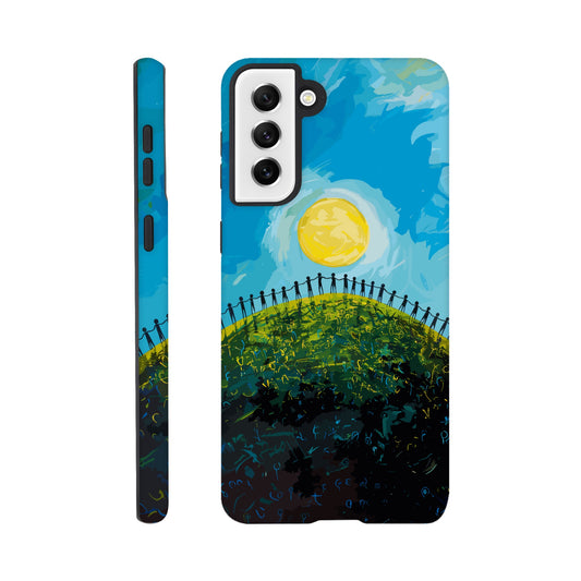 A Samsung Galaxy S21 Plus Phone Case with the following design on it : a large group of dozens of non distinct human forms holding hands under a bright sun on a beautiful green hill with a beautiful blue sky above, pop art