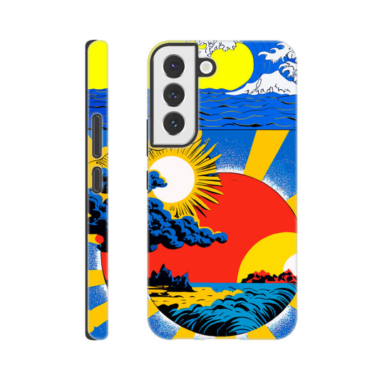 A Samsung Galaxy S22 Phone Case with the following design on it: sun and clouds, blue sky with yellow rays of light, sun setting in the background, in the style of a Japanese illustration, blue sea wave on top left corner, red circle below centered, blue storm clouds inside red dot, colorful poster print style