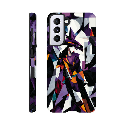 A Samsung Galaxy S21 Phone Case with the following design on it : geometric and abstract design of a figure with sharp angles and vibrant colors, primarily purple, black, white, and orange.