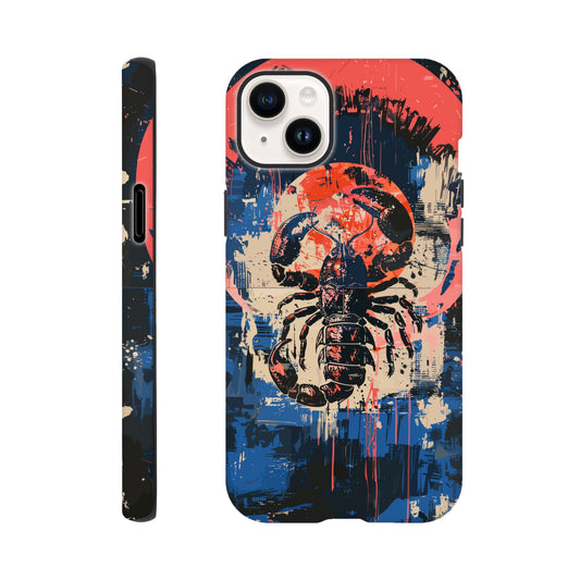 An Apple iPhone 14 Plus Phone Case with the following design on it : A painting of a Scorpio with red accents, the Scorpio is the symbol for the astrological sign Scorpio, the Scorpio is positioned in the center against abstract blue and white brushstrokes, within a pink circle. The artwork has a splattered, chaotic background.