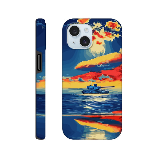 An Apple iPhone 15 Phone Case with the following design on it : A tank is sailing on the sea, with colorful clouds in the sky and a sunset reflection on the water surface, the style of an oil painting. The main colors of red, blue, yellow and orange are presented in a flat illustration