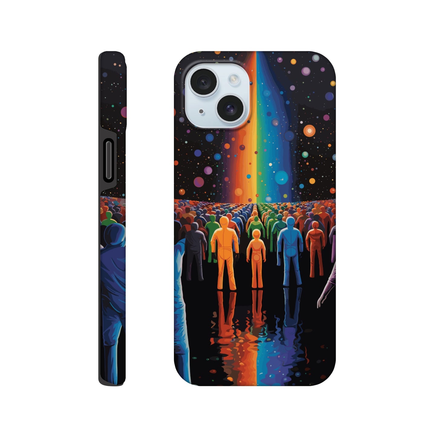 An Apple iPhone 15 Plus Phone Case with the following design on it : A cartoonish image of a colorful crowd of people on the surface of an alien planet, with rainbows and stars in the background. The design incorporates different colors to create a visually appealing composition. The lighting creates a sense of depth and dimension. The overall effect conveys wonderment and excitement as if looking out into space