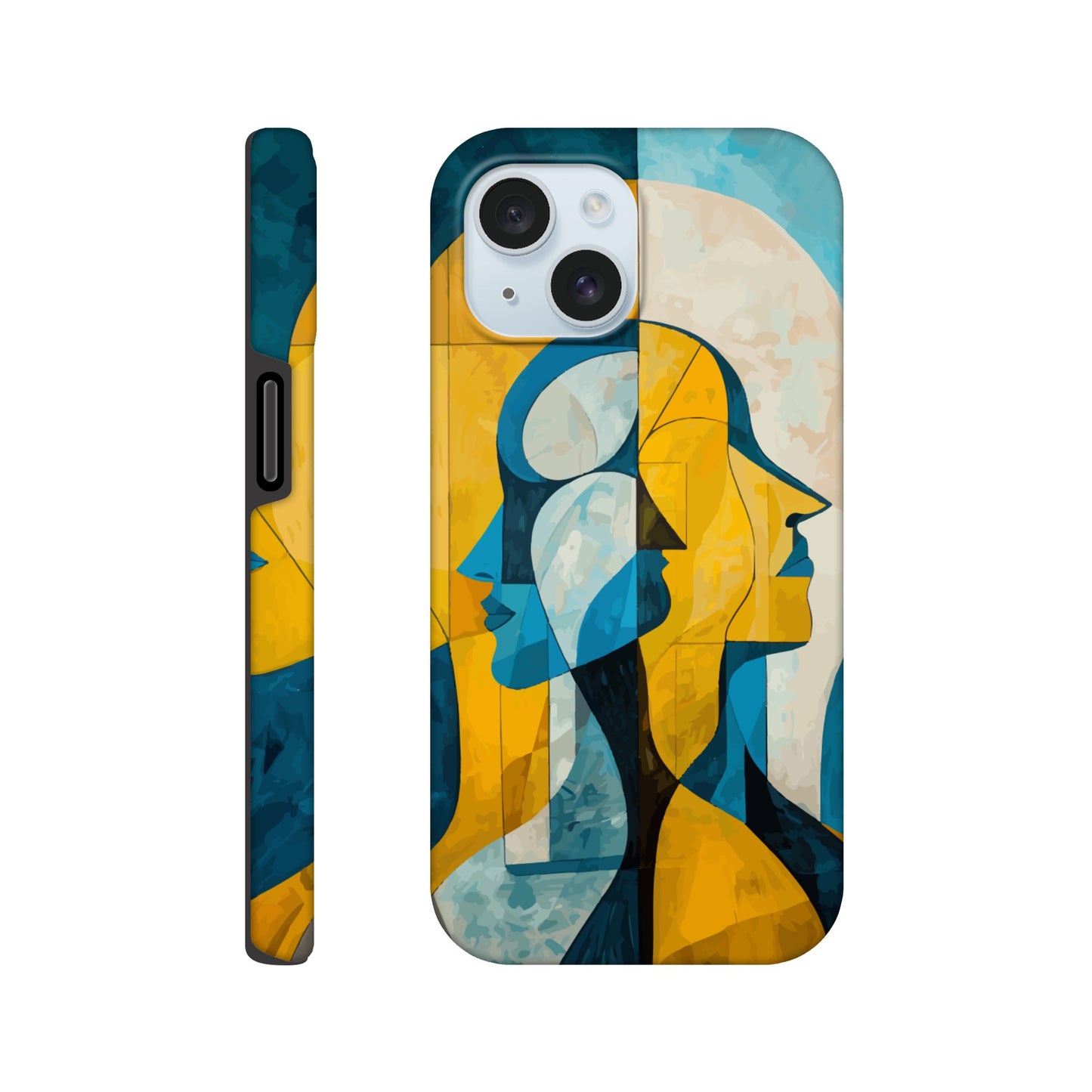 An Apple iPhone 15 Phone Case with the following design on it - the Gemini Astrological sign depicting twins facing away from one another, the twins are of no specific sexual or ethnic orientation, yellow, baby blue, white, cubism