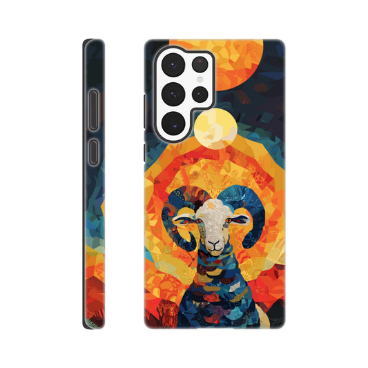 A Samsung Galaxy S22 Ultra Phone Case with the following design on it - A Ram is facing towards you. There is a large Sun above the Ram even though it appears to be nighttime and a small moon as well, the style is art nouveau with very vibrant primary colors.