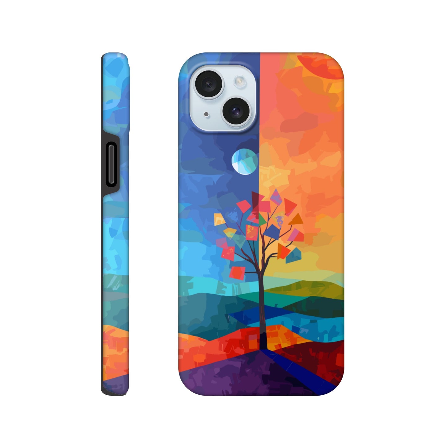 An Apple iPhone 15 Plus Phone Case with the following design on it - A landscape with two distinct color blocks representing day and night, featuring the sun on one side and the moonlight on the other, with a tree in between, depicted as geometric shapes and colors in the style of abstract art, with vibrant and contrasting colors, a modern digital painting