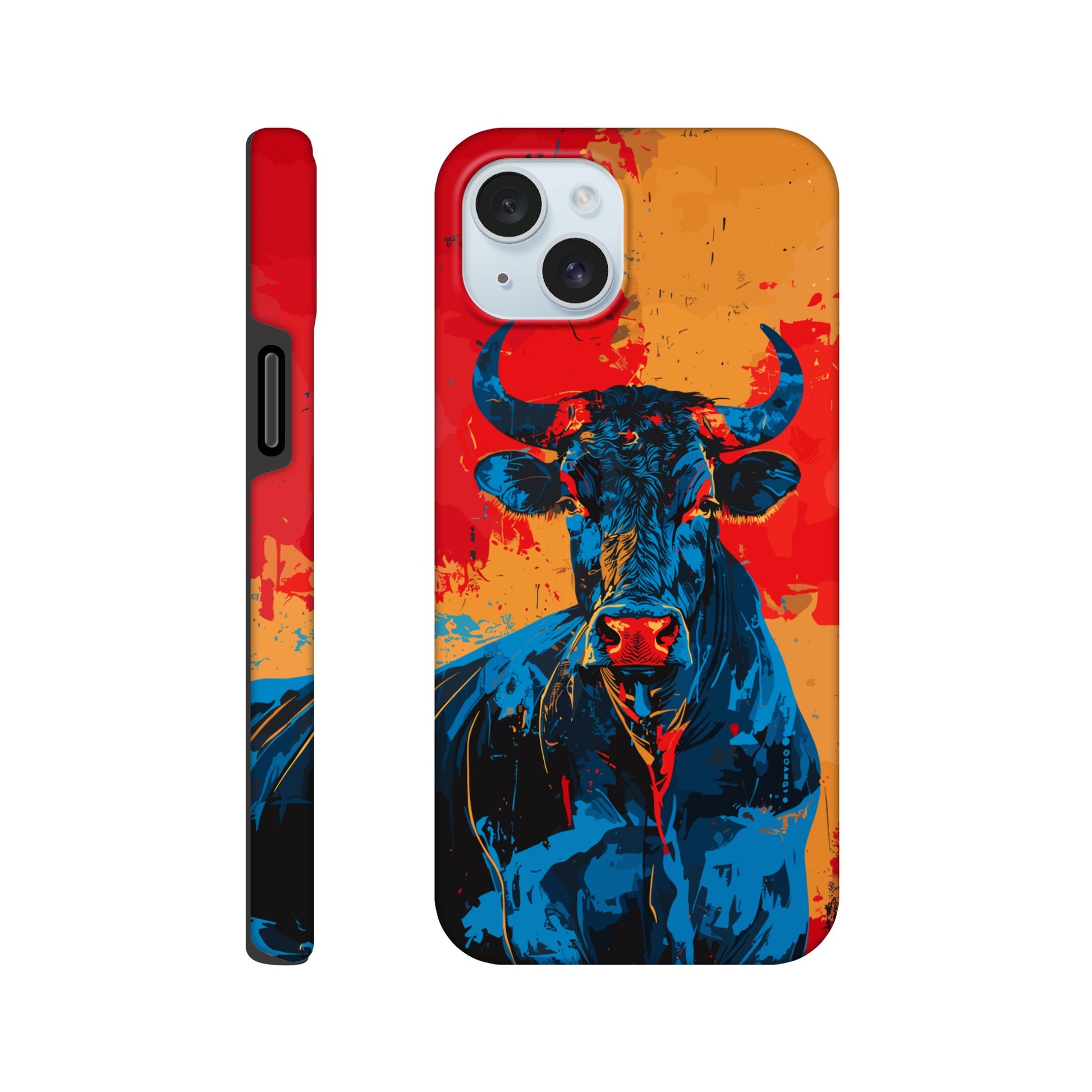 An Apple iPhone 15 Plus Phone Case with the following design on it: Abstract blue bull on a red background in the style of urban graffiti, the Bull is the symbol for the astrological sign of Taurus, flat painting with brush strokes, strong color contrast in the style of urban street art, cool and confident expression of the blue ox with an eye-catching label and strong visual impact