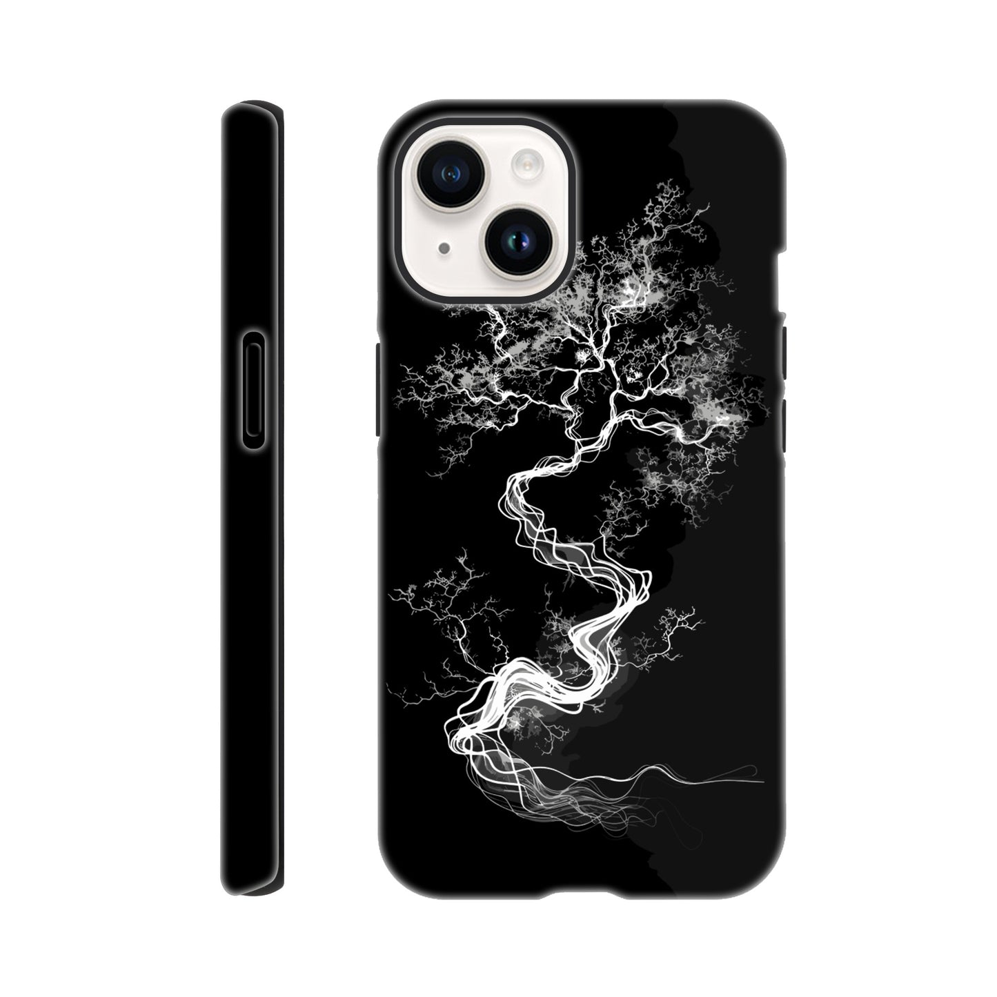 An Apple iPhone 14 Phone Case with the following design on it - a sketch of a white fractal tree against a black background