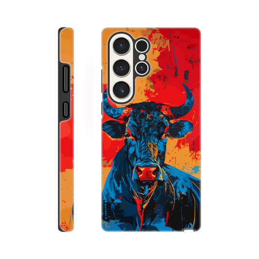 A Samsung Galaxy S23 Ultra Phone Case with the following design on it: Abstract blue bull on a red background in the style of urban graffiti, the Bull is the symbol for the astrological sign of Taurus, flat painting with brush strokes, strong color contrast in the style of urban street art, cool and confident expression of the blue ox with an eye-catching label and strong visual impact