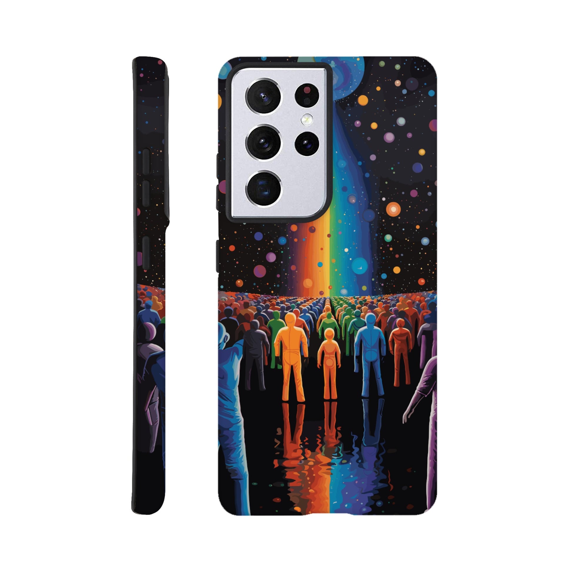 A Samsung Galaxy S21 Ultra Phone Case with the following design on it : A cartoonish image of a colorful crowd of people on the surface of an alien planet, with rainbows and stars in the background. The design incorporates different colors to create a visually appealing composition. The lighting creates a sense of depth and dimension. The overall effect conveys wonderment and excitement as if looking out into space