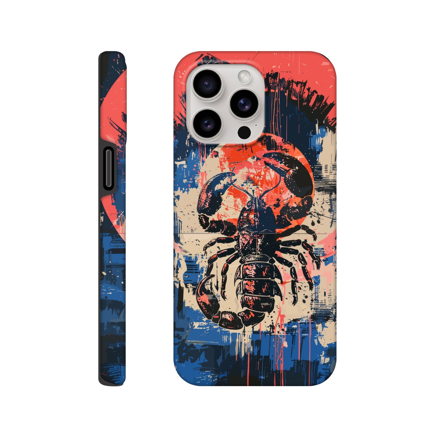 An Apple iPhone 15 Pro Max Phone Case with the following design on it : A painting of a Scorpio with red accents, the Scorpio is the symbol for the astrological sign Scorpio, the Scorpio is positioned in the center against abstract blue and white brushstrokes, within a pink circle. The artwork has a splattered, chaotic background.