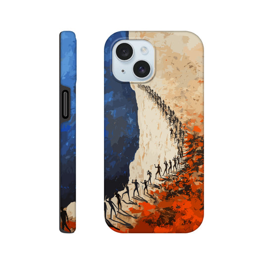 An Apple iPhone 15 Phone Case with the following design on it: a very large group of human forms all pointing in different directions as they are marching towards a cliff, royal blue, white, red, orange, style of fauvism