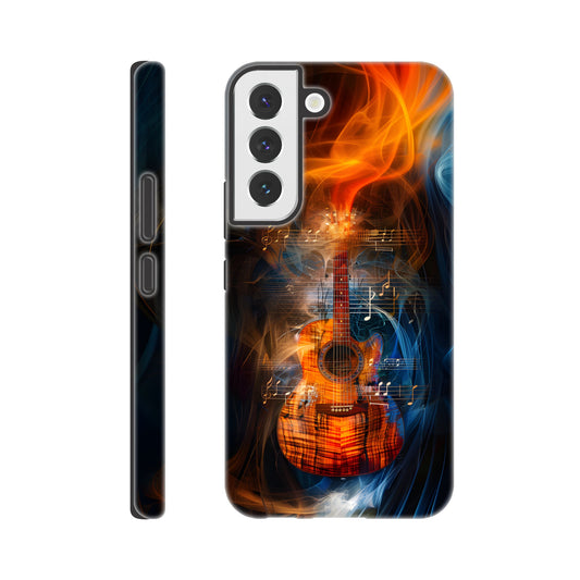 A Samsung Galaxy S22 Phone Case with the following design on it: A Koa Guitar with musical notes swirling around it, blue and red smoke swirling around both the Guitar and notes, in the style of a digital art, dark blue background, orange glow on guitar, symmetrical composition, high resolution, hyper realistic, high contrast, vibrant colors, detailed textures of wood and strings