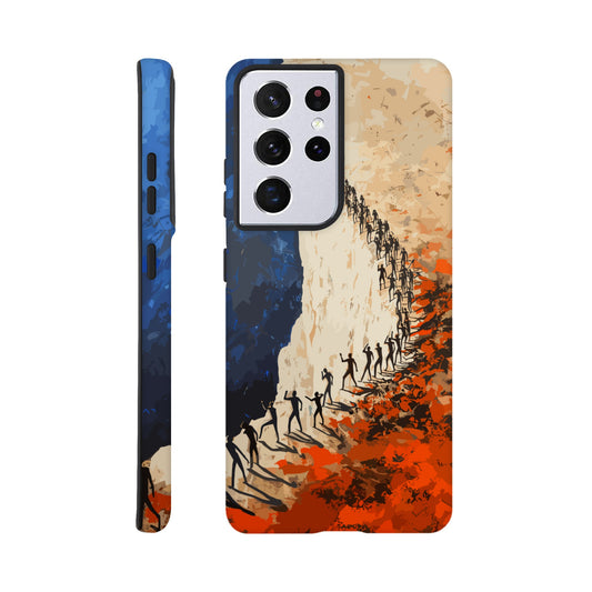 A Samsung Galaxy S21 Ultra Phone Case with the following design on it: a very large group of human forms all pointing in different directions as they are marching towards a cliff, royal blue, white, red, orange, style of fauvism