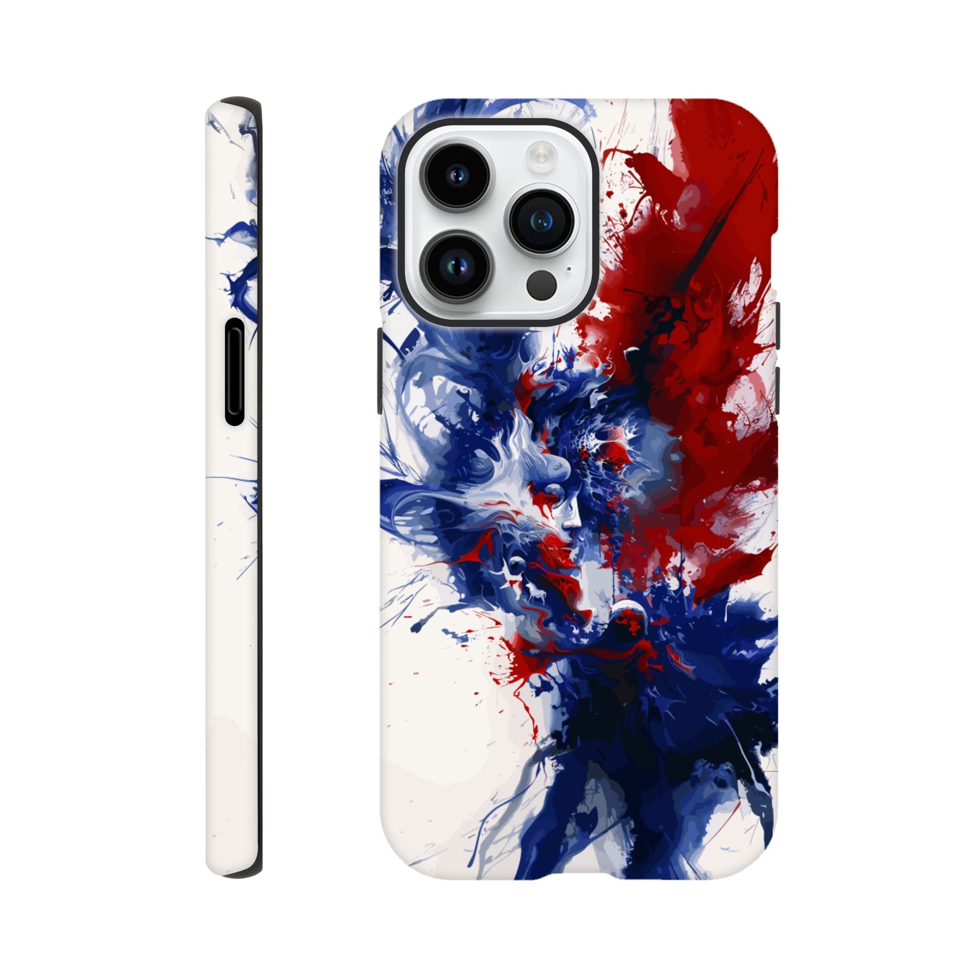 An Apple iPhone 14 Pro Max Phone Case with the following design on it: Abstract Blue and Red Painting, white background, ink painting, splash art in the style of ink painting, human profile in the middle which seems to be depicting someone in deep thought 