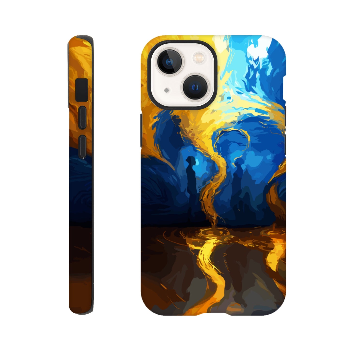 An iPhone 13 Mini Phone Case with the following design on it -An abstract image of flowing thunder/lightning and waves. The colors of blue, orange, and yellow. There are two human forms facing each other in the middle of the image.