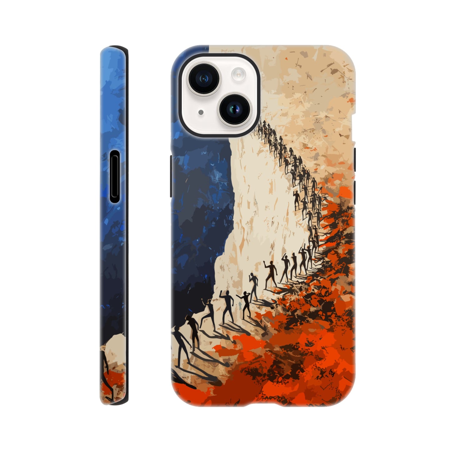 An Apple iPhone 14 Phone Case with the following design on it: a very large group of human forms all pointing in different directions as they are marching towards a cliff, royal blue, white, red, orange, style of fauvism