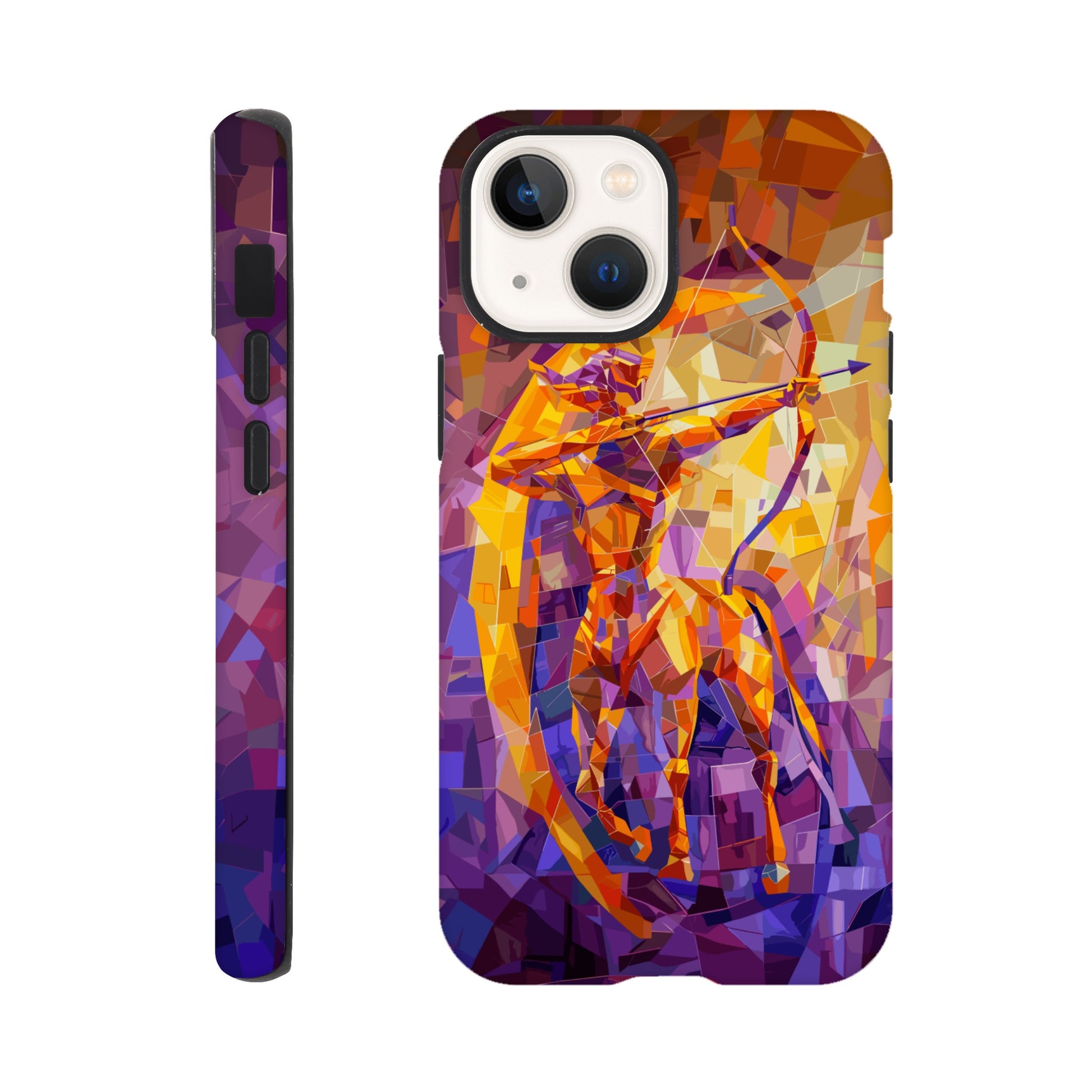 An Apple iPhone 13 Mini Phone Case with the following design on it: A centaur- the half man half horse archer and symbol of the astrological sign Sagittarius, the character is imagined through an artist who is adept at the artistic style of cubism, orange, purple, yellow