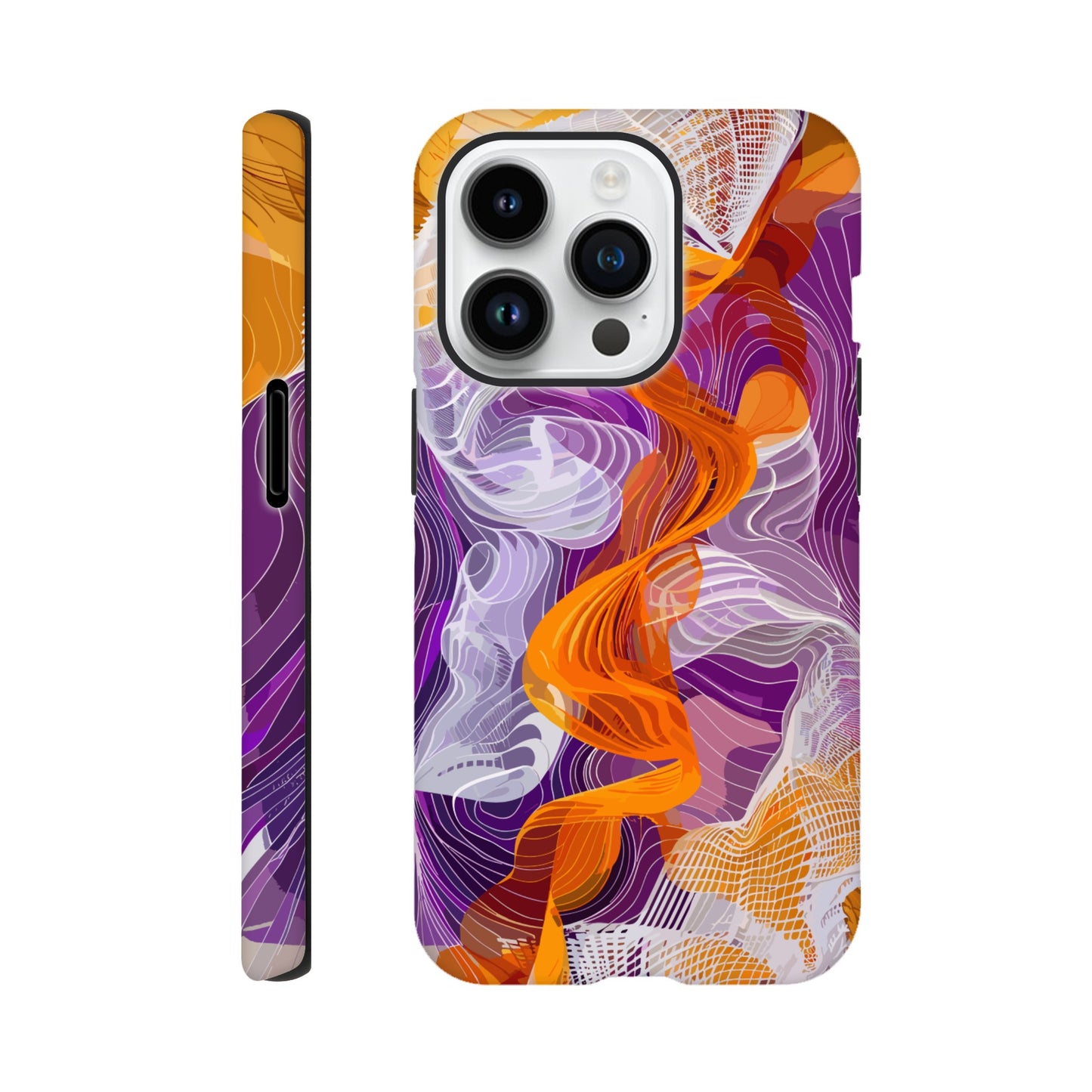 An Apple iPhone 14 Pro Phone Case with the following design on it - A modern digital art piece of an abstract representation of waves and swirls, with orange and purple hues, composed from flowing lines in a white mesh pattern, creating the illusion that they flow like ribbons or threads. The background is a gradient of these colors, adding depth to the composition. This artwork symbolizes movement, fluidity, and dynamic energy through its intricate design.