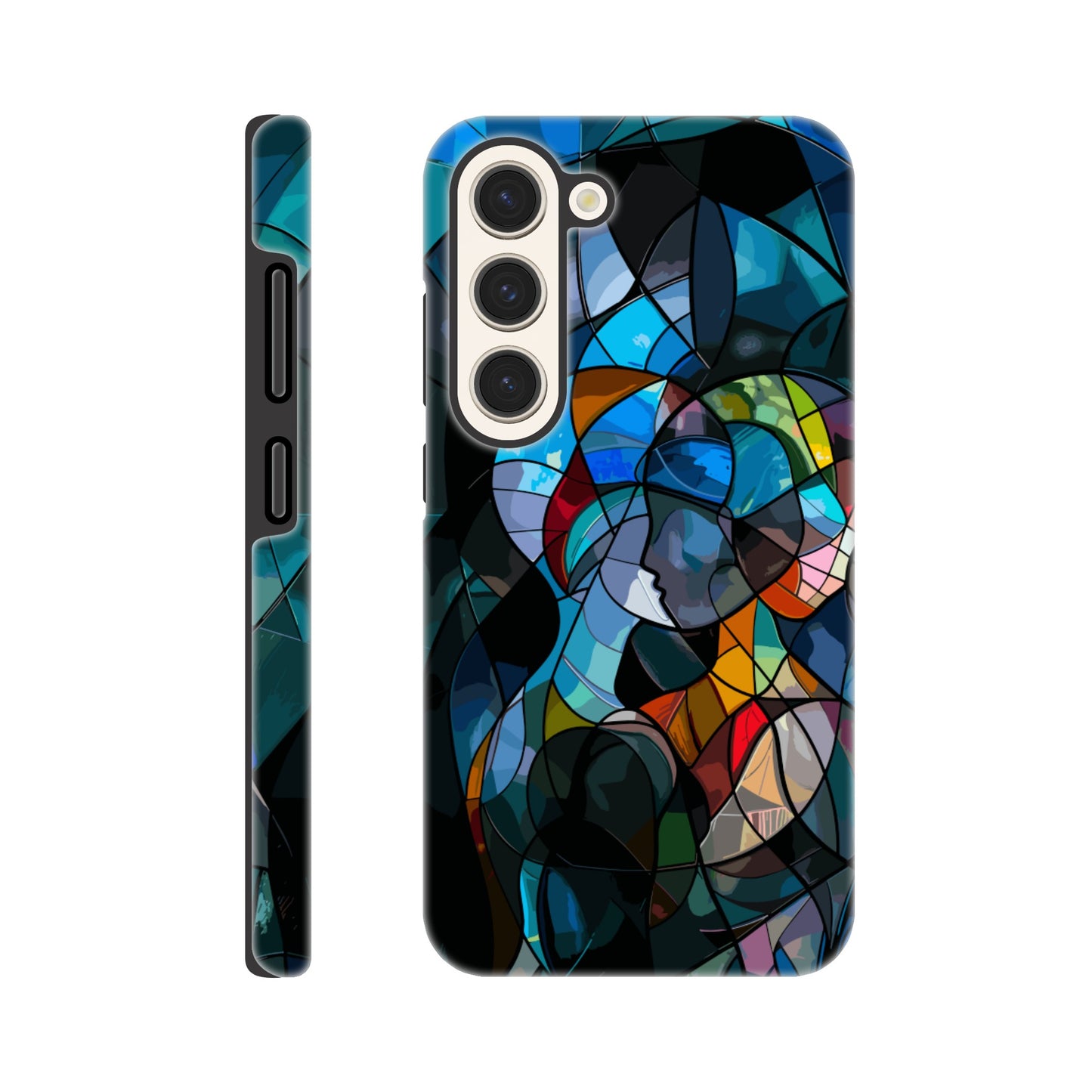 A Samsung Galaxy S23 Phone Case with the following design: stained glass window of two people hugging, in the style of cubism, abstract shapes and lines, vibrant colors, dark background, hyper realistic 