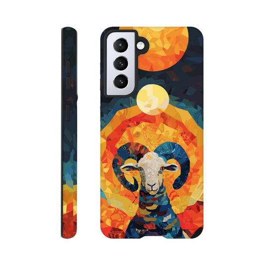 A Samsung Galaxy S21 Phone Case with the following design on it - A Ram is facing towards you. There is a large Sun above the Ram even though it appears to be nighttime and a small moon as well, the style is art nouveau with very vibrant primary colors. 