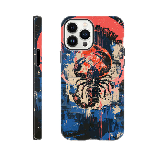 An Apple iPhone 13 Pro Max Phone Case with the following design on it : A painting of a Scorpio with red accents, the Scorpio is the symbol for the astrological sign Scorpio, the Scorpio is positioned in the center against abstract blue and white brushstrokes, within a pink circle. The artwork has a splattered, chaotic background.