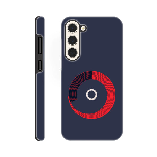 A Samsung Galaxy S23 Plus Phone Case with the following design on it: a red circle with black curved lines in the circle that make it look like bleachers from above on a navy blue background, there is a white letter circle in the center, a sleek and modern appearance, subtle gradients for depth effect