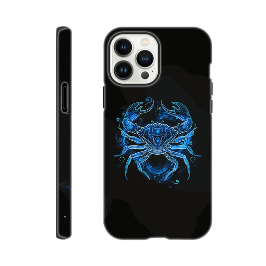 An Apple iPhone 13 Pro Max Phone Case with the following design - A simple white line drawing of the symbol for Cancer-a Crab, with blue outlines on black background. The design is minimalistic and elegant, focusing only on basic shapes to represent the zodiac sign's symbolism in astrology. It has an art deco style that highlights its curves and swirls, creating a sense of motion or energy within each curve.