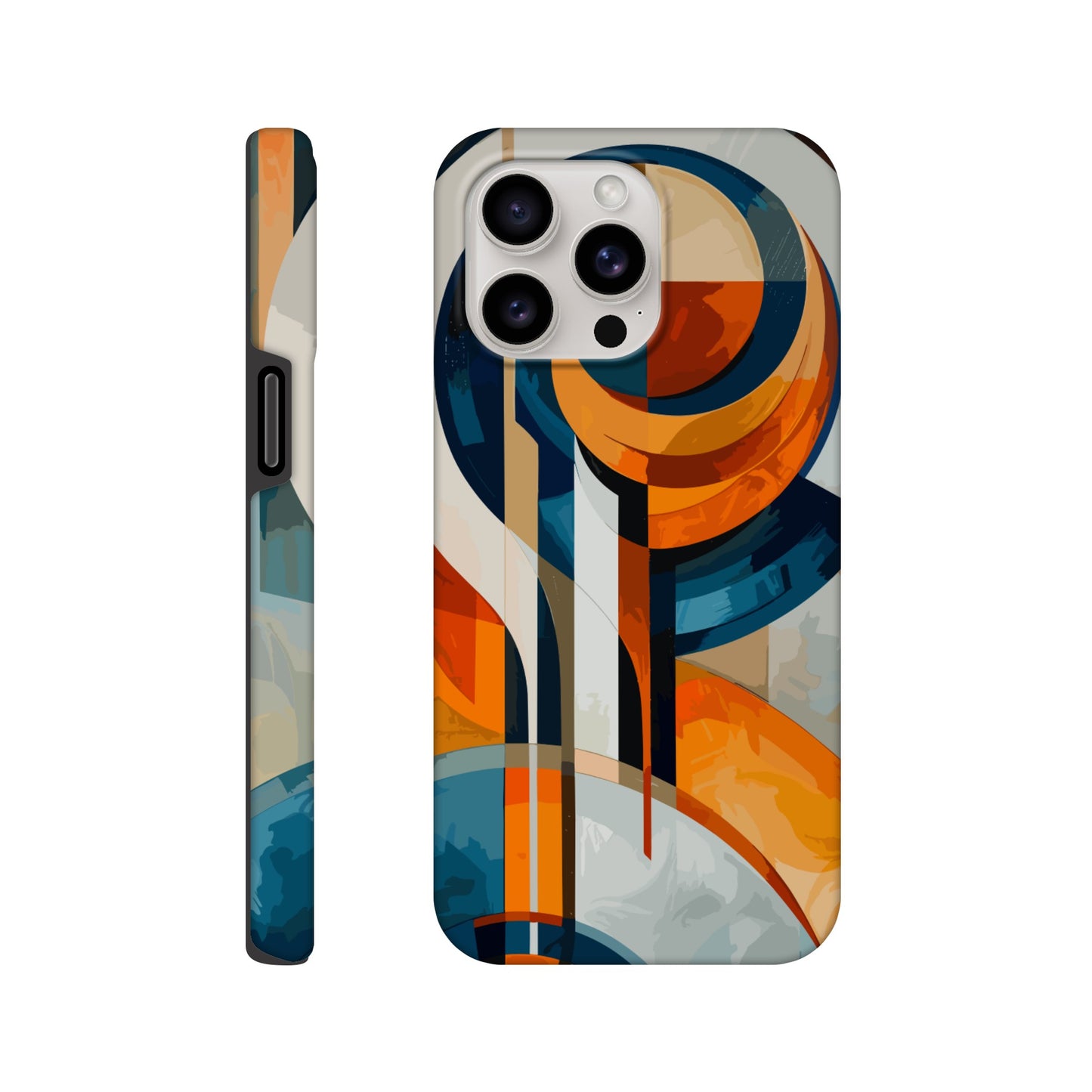 An Apple iPhone 15 Pro Max Phone Case with the following design on it: An abstract painting of an orange, blue and white circular design with lines in the style of cubism. The shapes create visual harmony by creating balance between soft curves and sharp angles. It uses flat color to give depth through gradients. There is an emphasis on the use of light and shadow. In some places there's an airbrush effect