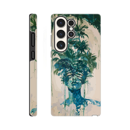 A Samsung Galaxy S23 Ultra phone case with the following design -the soulless look on the face of either a female or male human form that is self possessed and obscured by a dozen palm trees, green, blue, white, surrealism meets fauvism