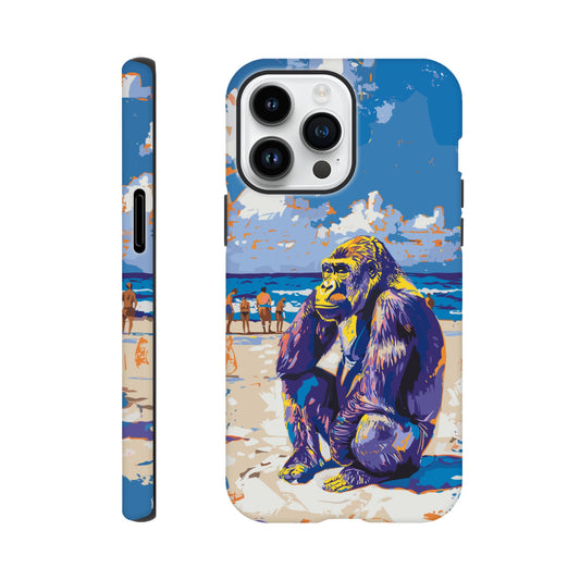 An iPhone 14 Pro Max with a design of a Gorilla at the beach thinking while a diverse group of people stroll along the beach in the background, royal blue, orange, purple, yellow, white, fauvism meets pop art