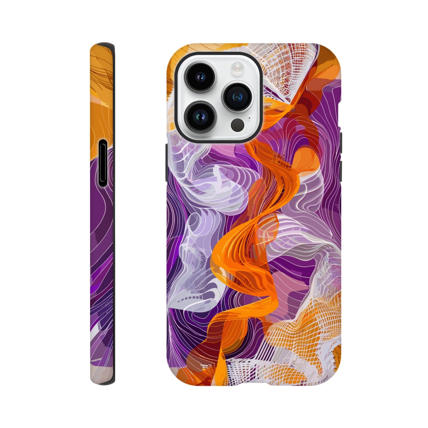 An Apple iPhone 14 Pro Max Phone Case with the following design on it - A modern digital art piece of an abstract representation of waves and swirls, with orange and purple hues, composed from flowing lines in a white mesh pattern, creating the illusion that they flow like ribbons or threads. The background is a gradient of these colors, adding depth to the composition. This artwork symbolizes movement, fluidity, and dynamic energy through its intricate design.